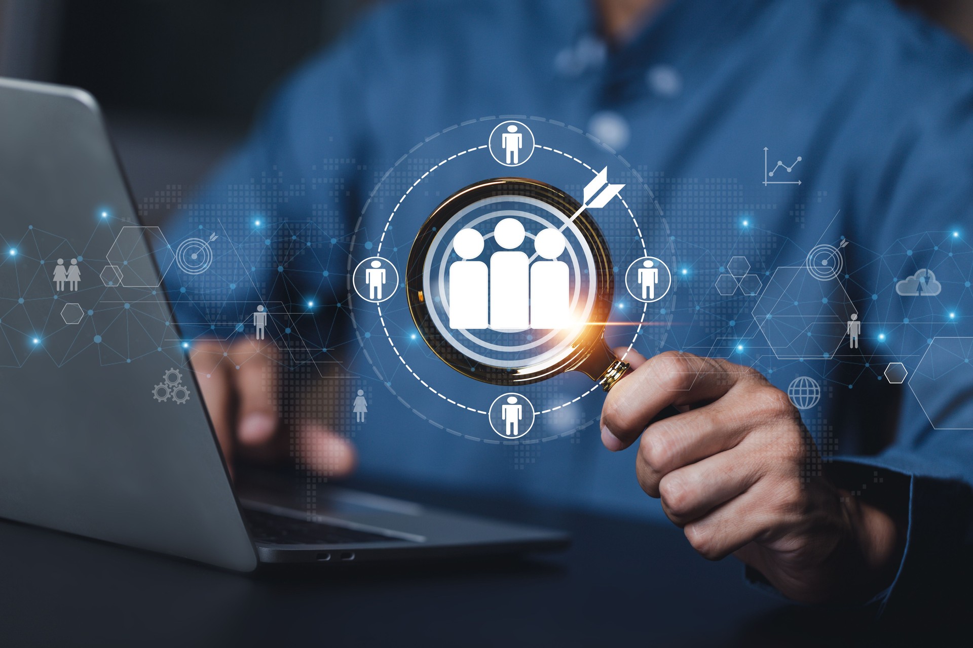 Businessman showing virtual graphic human icon HR human resources recruitment team Staff management business concept.
